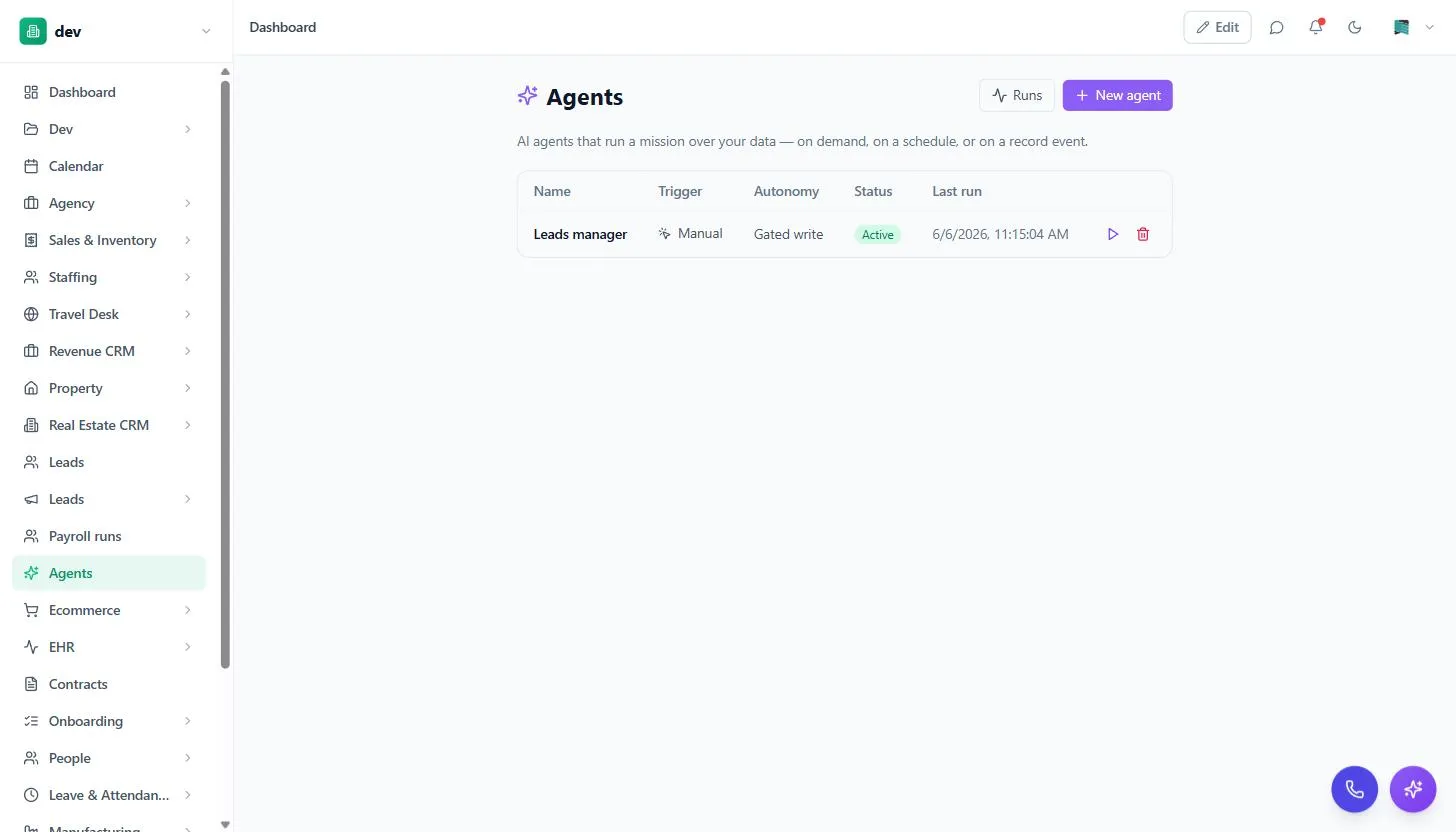 The BackOffice Agents screen listing agents with trigger, autonomy, status and last run