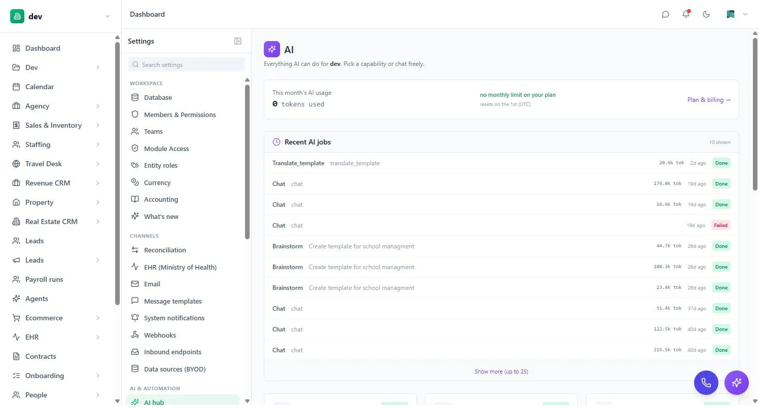 The BackOffice AI hub showing this month's token usage and a list of recent AI jobs with their status