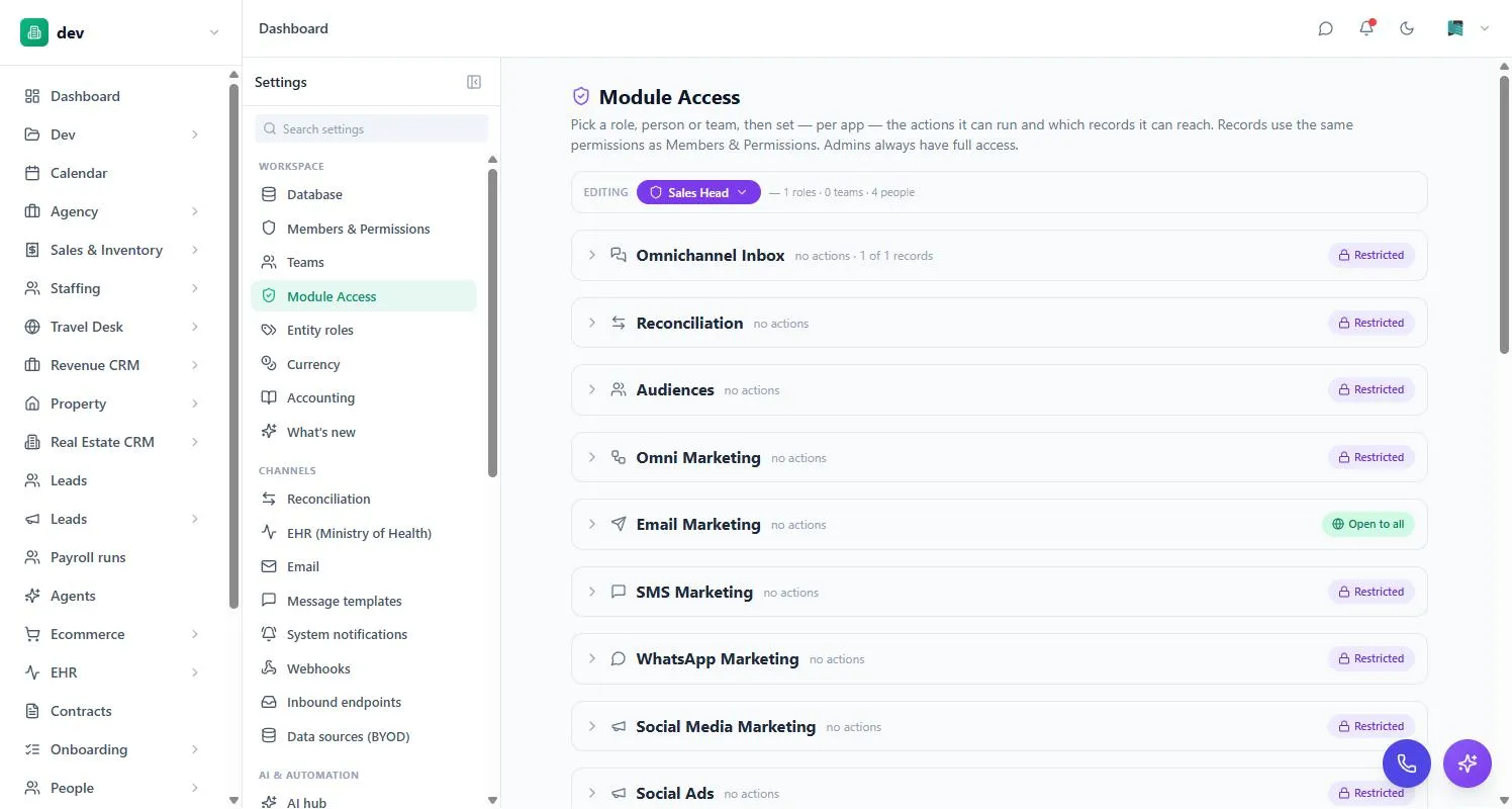 The Module Access screen in BackOffice with per-app Restricted and Open to all states