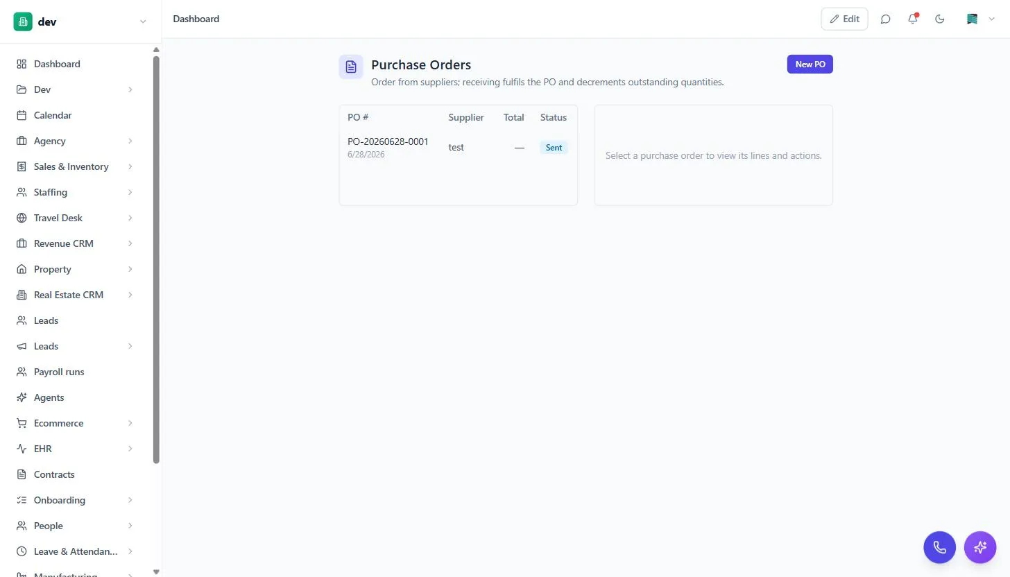 The BackOffice Purchase Orders screen listing purchase orders with supplier, total and status