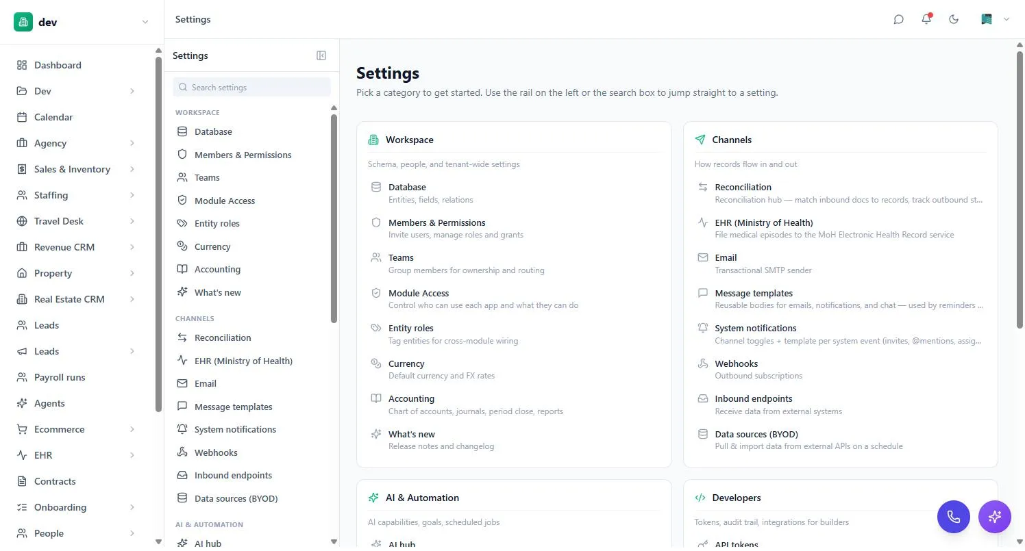 The BackOffice Settings hub with the Workspace section showing Members & Permissions and Teams